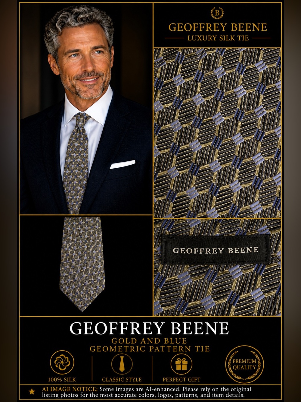 Geoffrey Beene Gold and Blue Geometric Pattern Tie